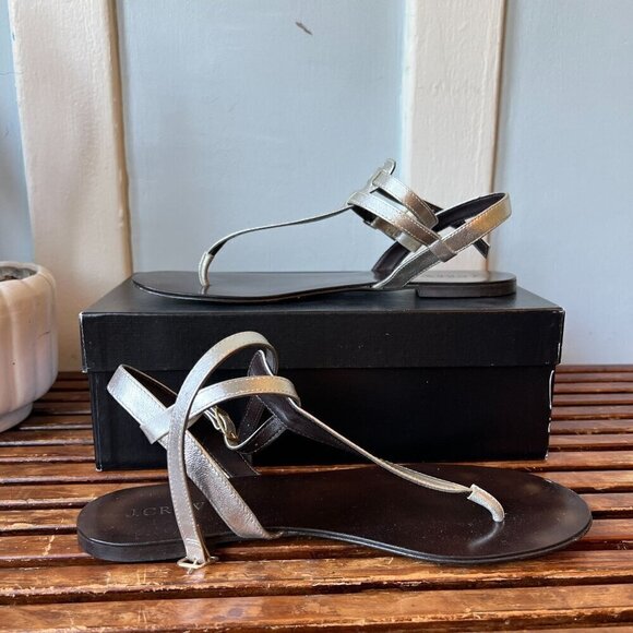 J. Crew Metallic Silver Tabbie T- Strap Sandals - Picture 1 of 7